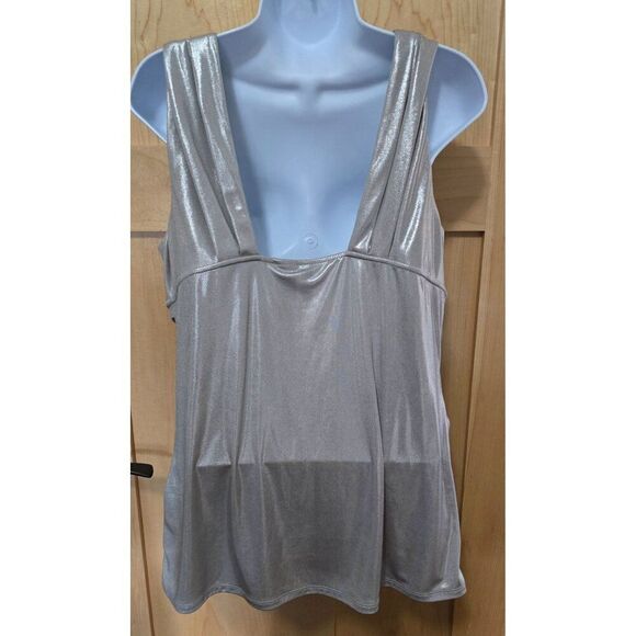 Metallic Silver Sleeveless Pleated Womens Top XL Bisou Bisou Polyester/Spandex - Picture 5 of 8